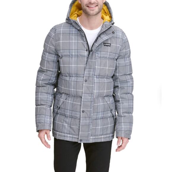 LEVI STRAUSS & CO Sz M Black Gray Plaid Mid-length Insulated Puffer Coat Jacket - Picture 1 of 11